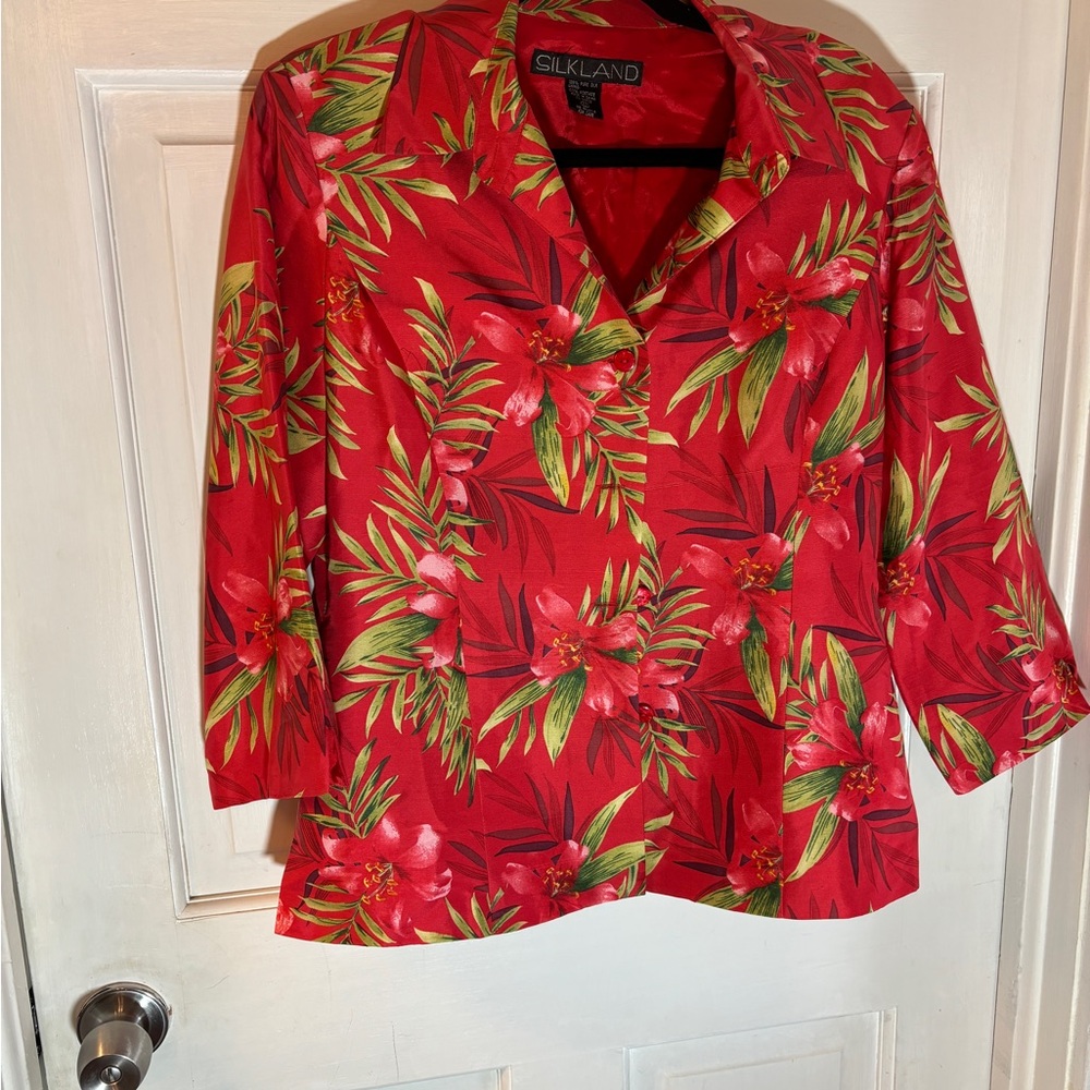 SilkLand Tropical Red Silk Blazer